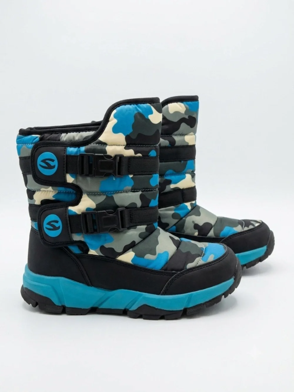 Kids Winter Snow Boots Blue Camo Faux Fur Lined Size 38 (240) Waterproof Style